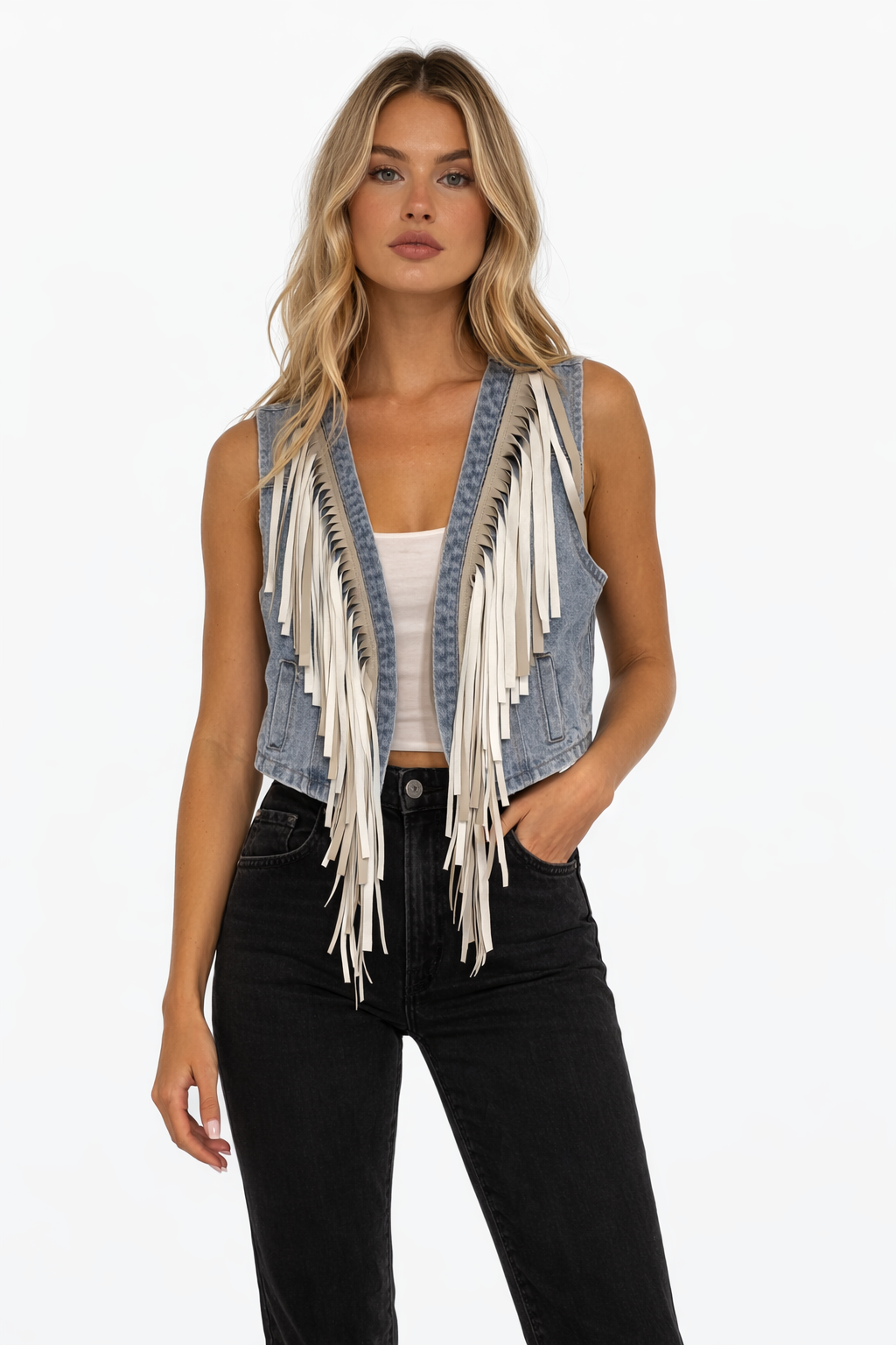 Denim White Fringe Vest