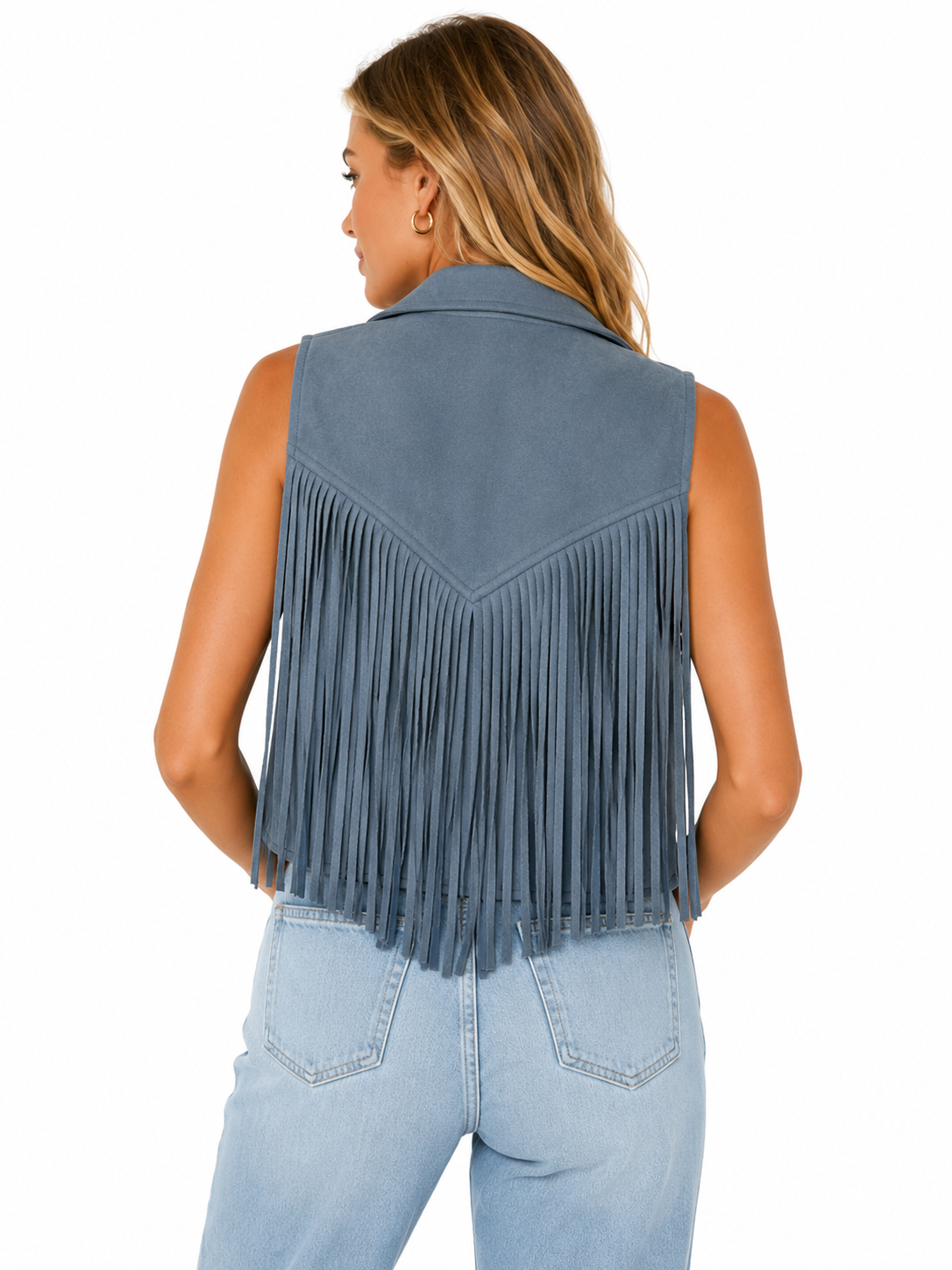 Dakota Fringe Moto Vest – Slate Blue Faux Suede Western Vest
