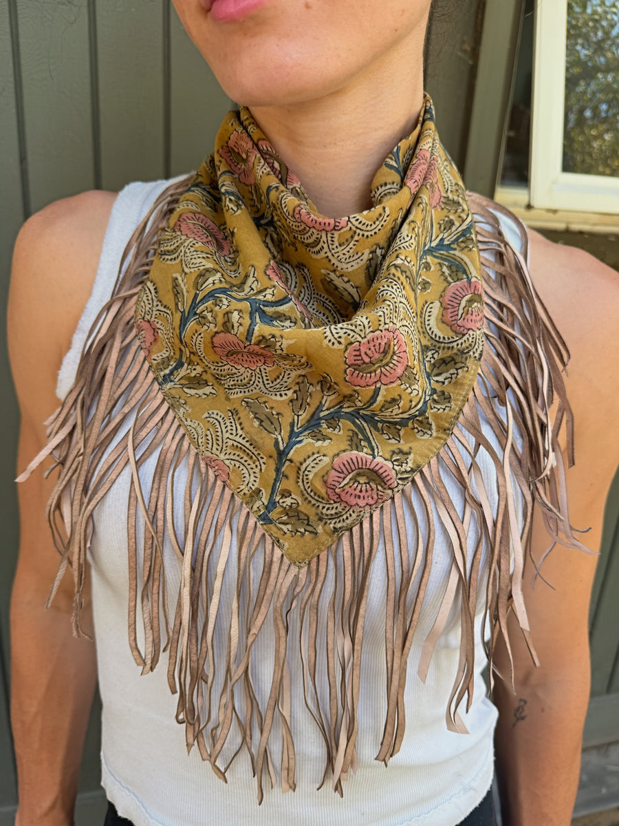 Mustard Floral Cotton Bandana with Genuine Leather Fringe