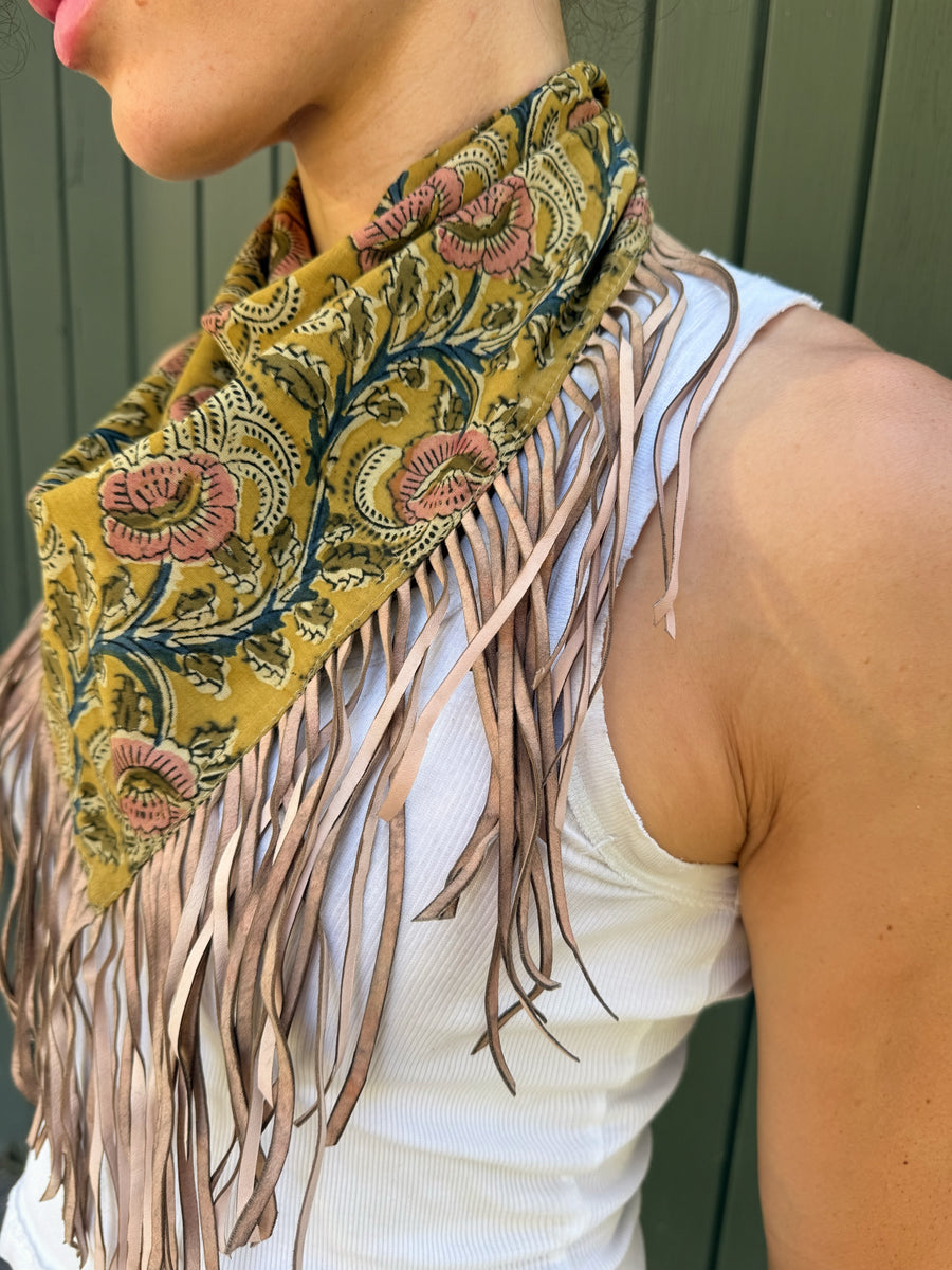 Mustard Floral Cotton Bandana with Genuine Leather Fringe