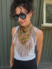 Mustard Floral Cotton Bandana with Genuine Leather Fringe