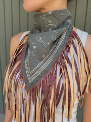 Charcoal Western Cotton Bandana with Two-Tone Genuine Leather Fringe