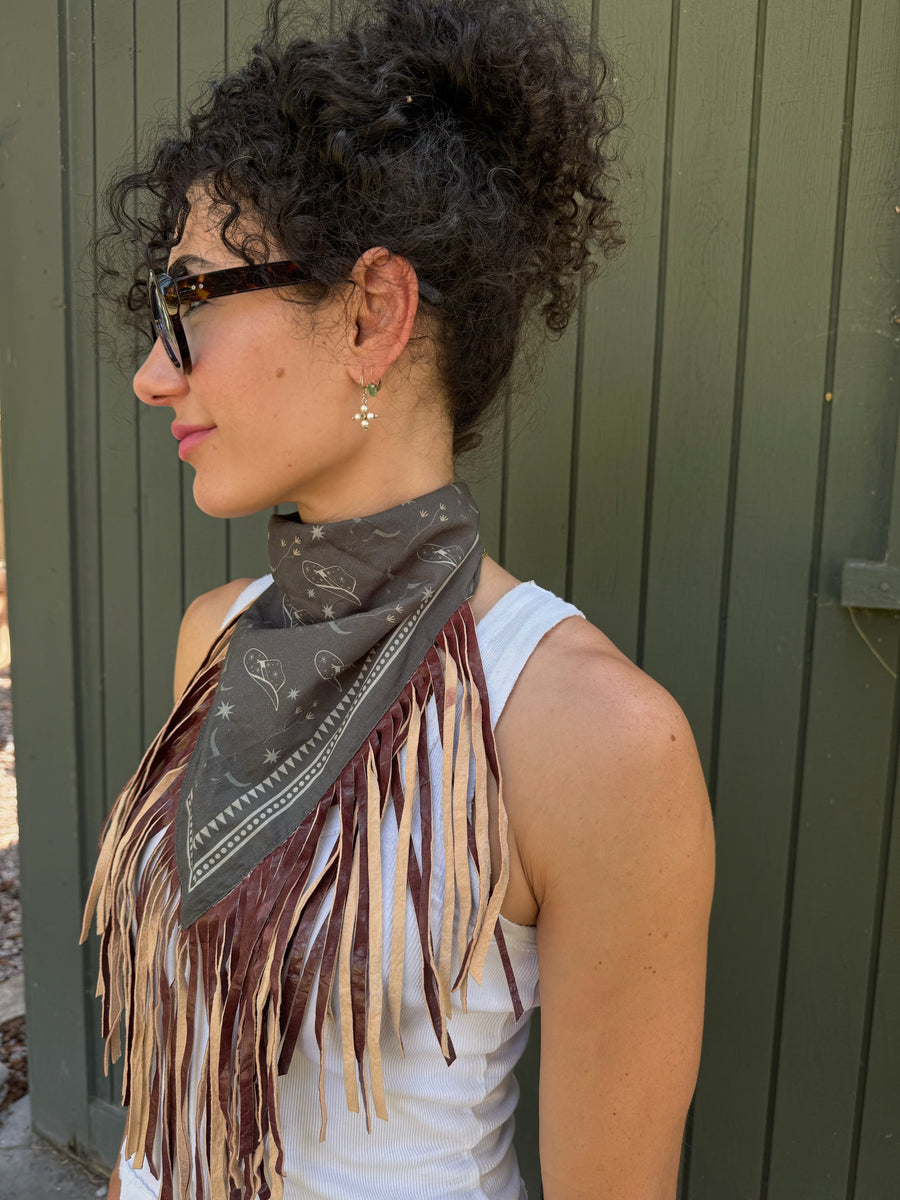 Charcoal Western Cotton Bandana with Two-Tone Genuine Leather Fringe
