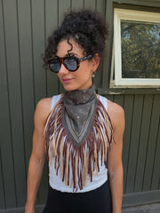Charcoal Western Cotton Bandana with Two-Tone Genuine Leather Fringe