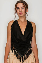 Black Fringe Halter Top – Western Faux Suede Handkerchief Top