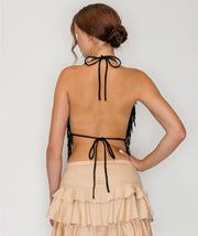 Black Fringe Halter Top – Western Faux Suede Handkerchief Top