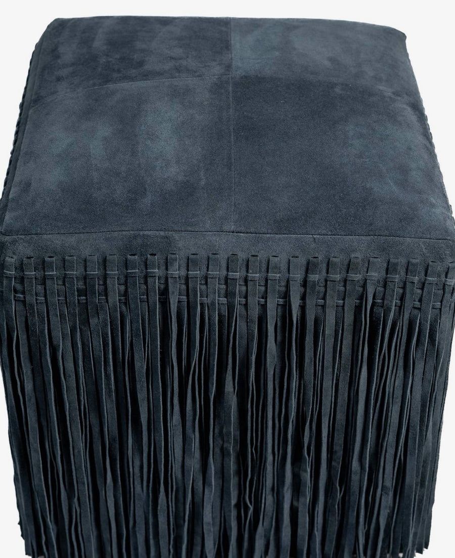 Real Suede Leather Square Fringe Ottoman Pouf