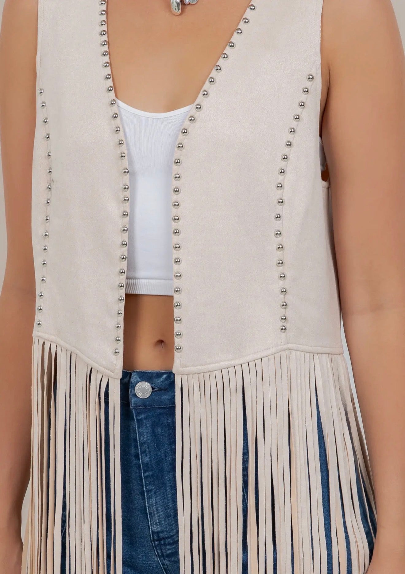 Sierra Fringe Western Vest – Cream Faux Suede Cowgirl Vest