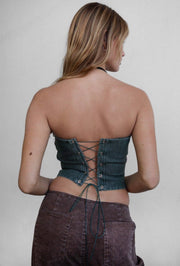 Sage Mesa Corset Top – Washed Denim Western Lace-Up Bustier