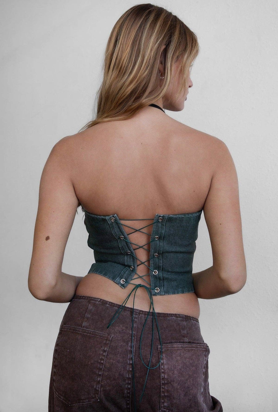Sage Mesa Corset Top – Washed Denim Western Lace-Up Bustier