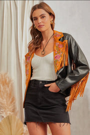 Two Toned Embroidered Fringe Leather Jacket