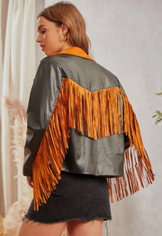 Two Toned Embroidered Fringe Leather Jacket