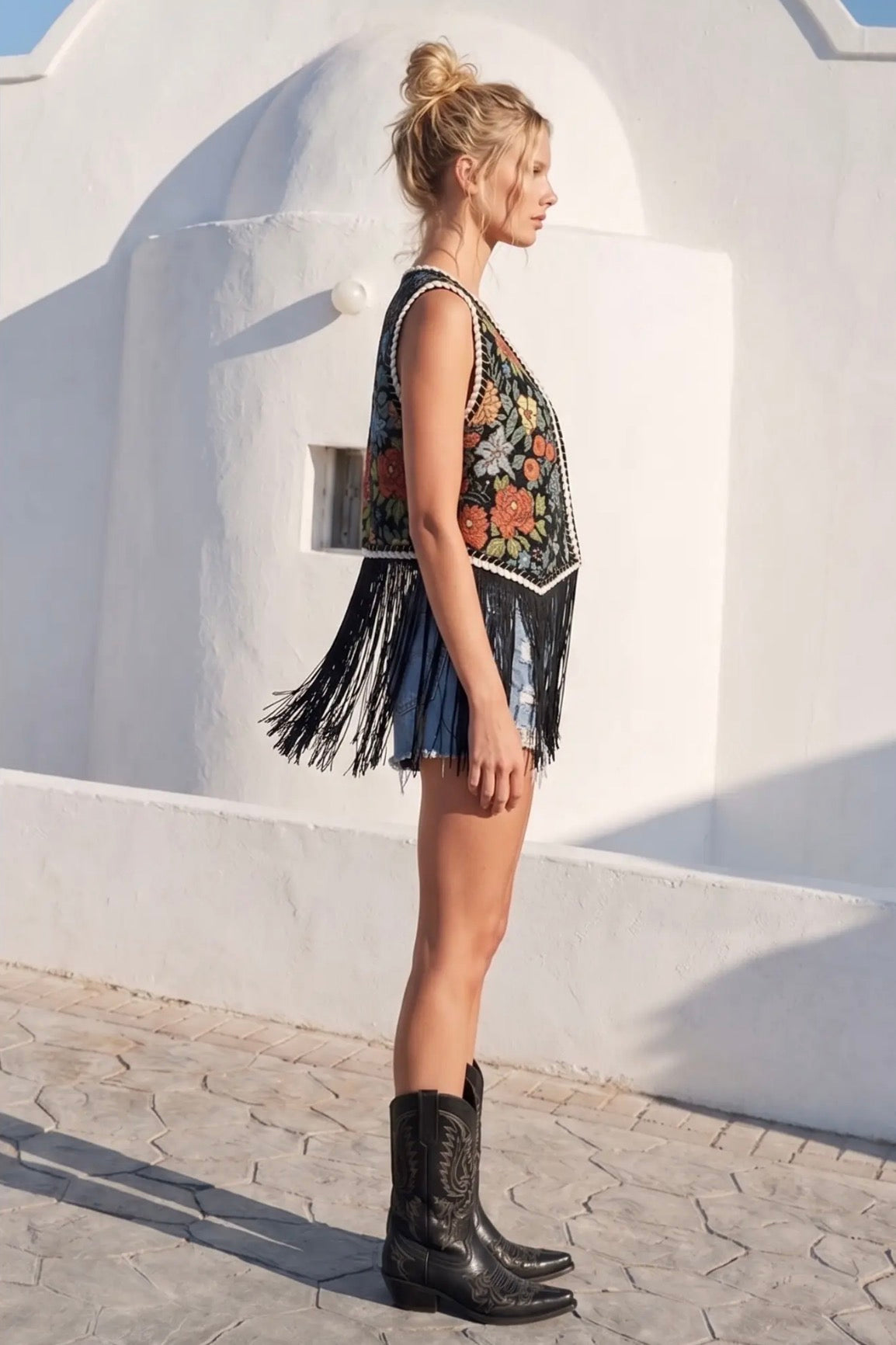Midnight Garden Floral Fringe Vest