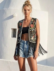 Midnight Garden Floral Fringe Vest