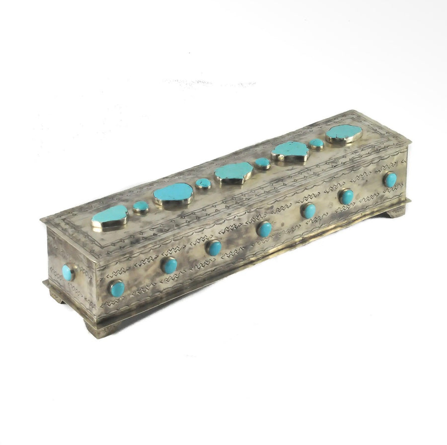 J. Alexander Rustic Silver Large Mantle Box with Turquoise