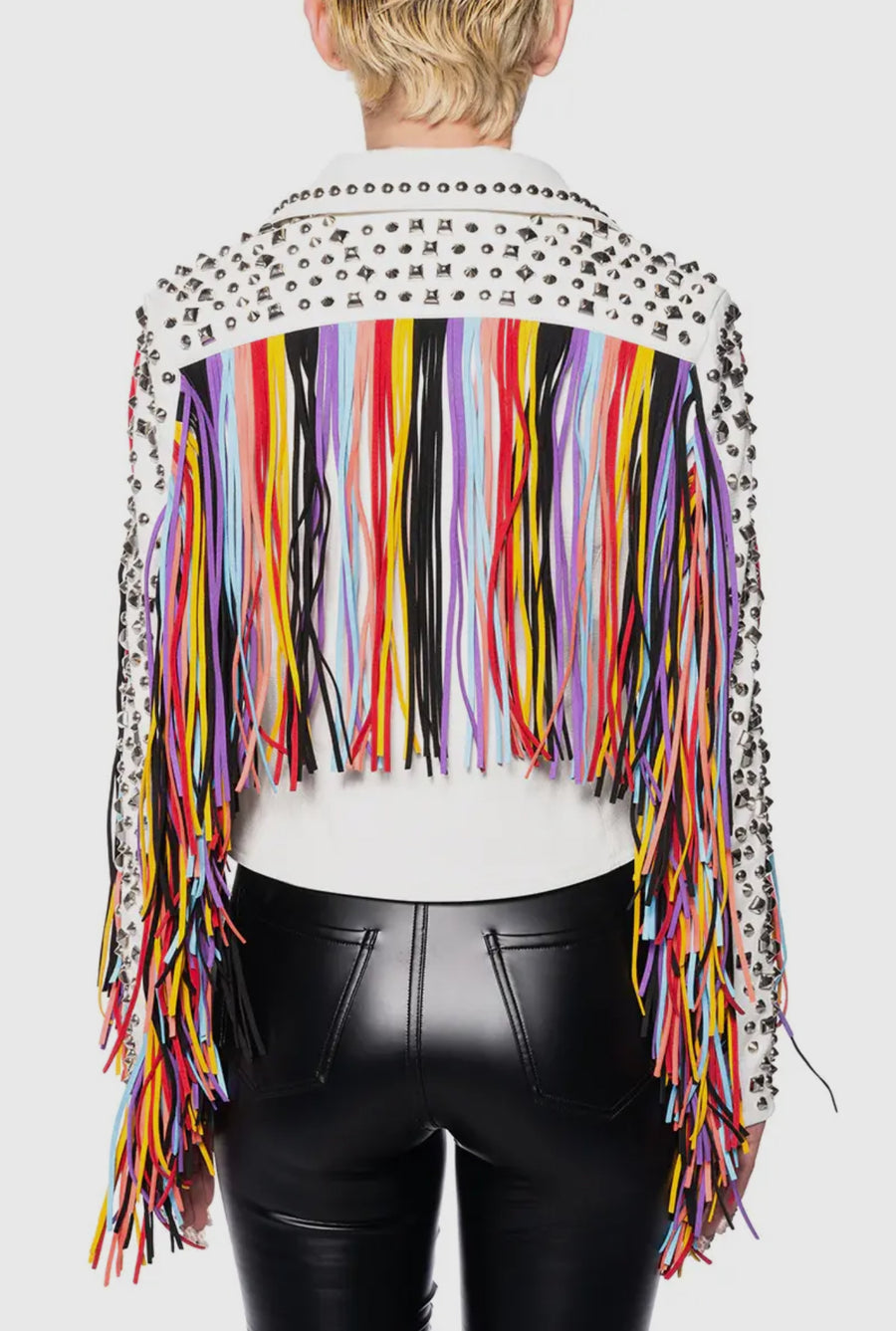 White Vegan Leather Motorcycle Jacket with Silver Rhinestone Studs