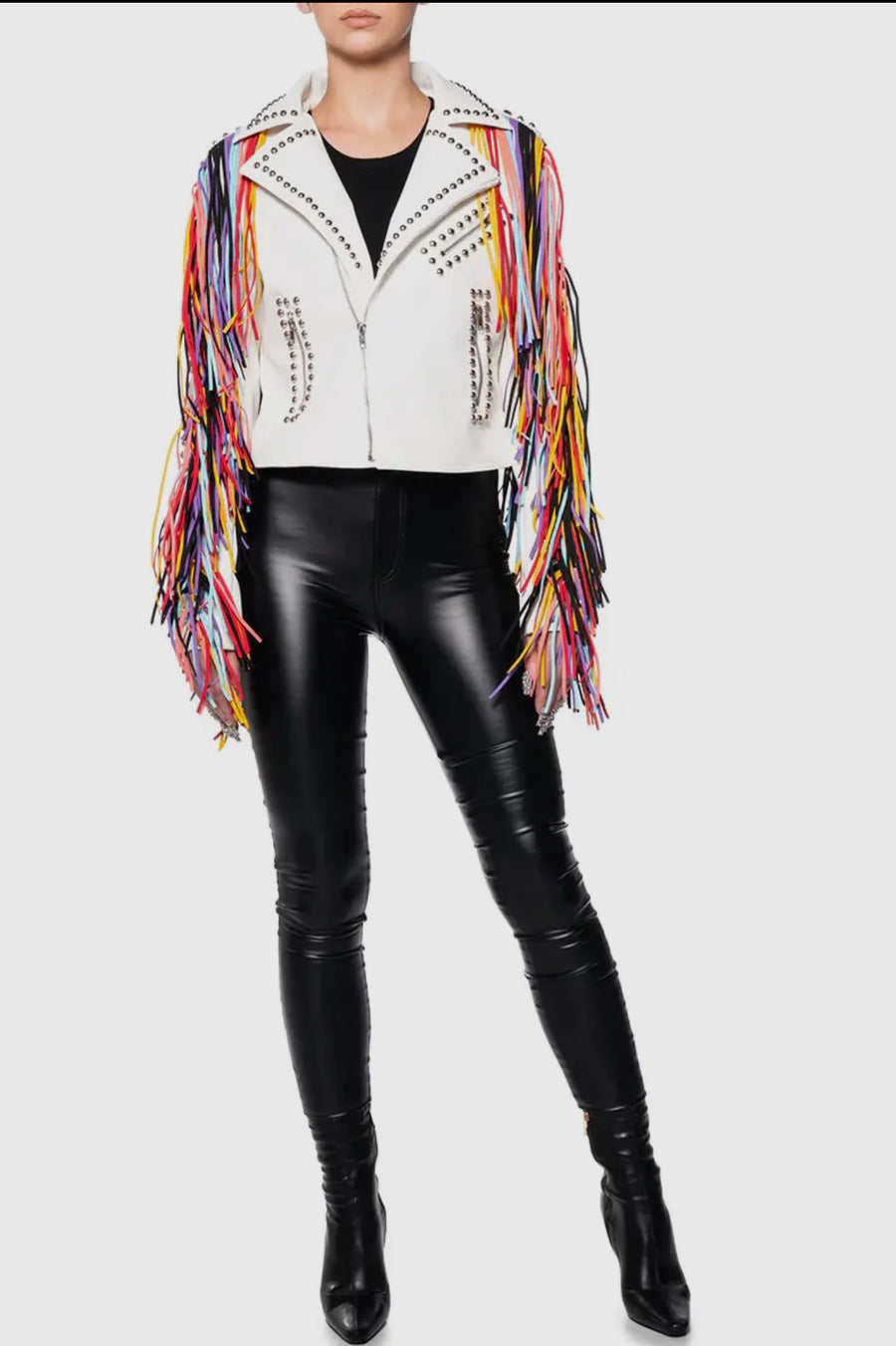 White Vegan Leather Motorcycle Jacket with Silver Rhinestone Studs