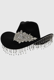 Sombrero estilo western con flecos y diamantes de imitación negros