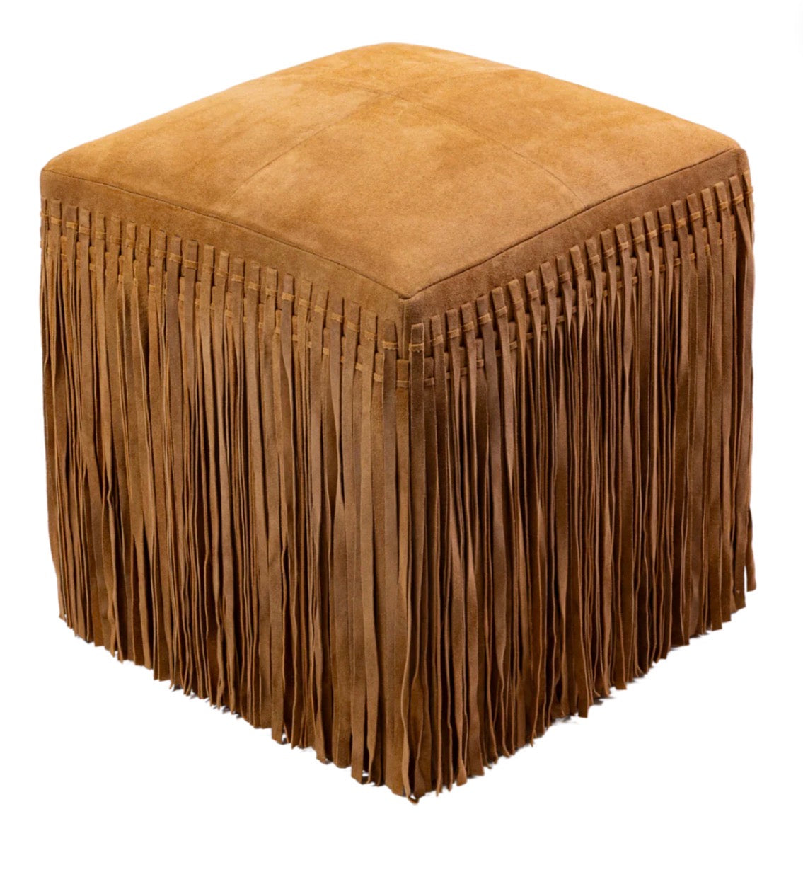 Real Suede Leather Square Fringe Ottoman Pouf
