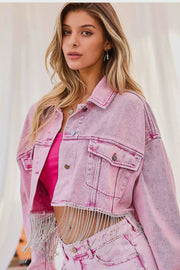 Pink Denim Rhinestones Fringe Jacket