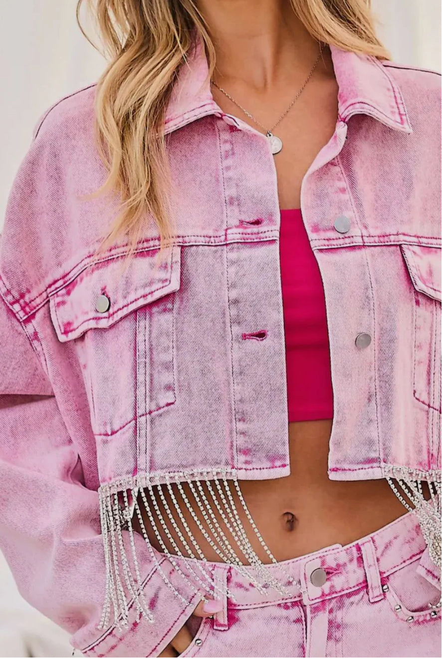 Pink Denim Rhinestones Fringe Jacket