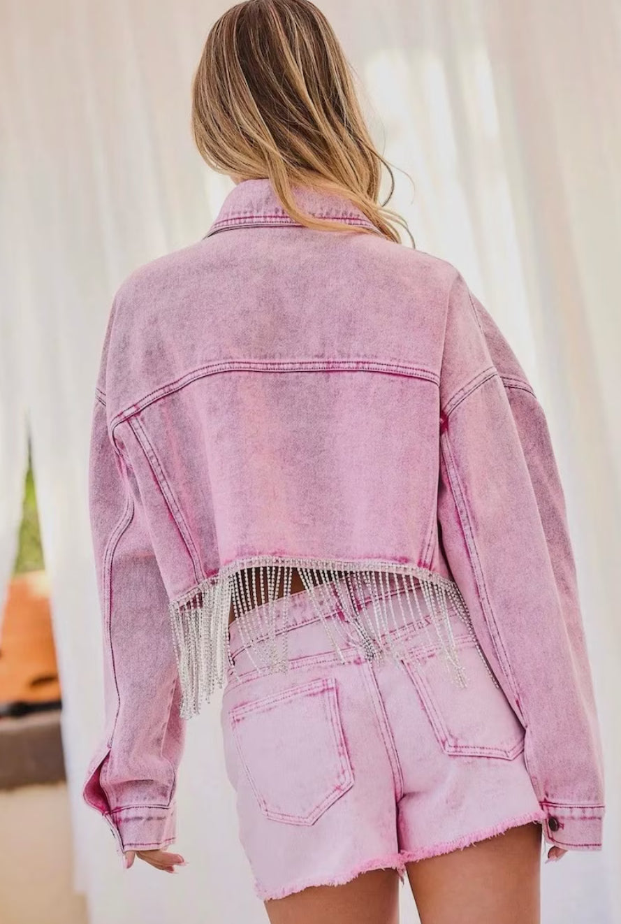 Pink Denim Rhinestones Fringe Jacket