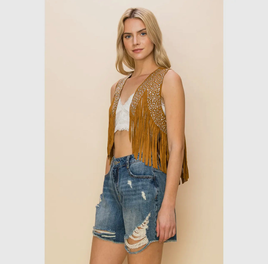 Cropped Brown Western Studded Fringe Vest