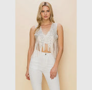 Cropped Cream Western Studded Fringe Vest