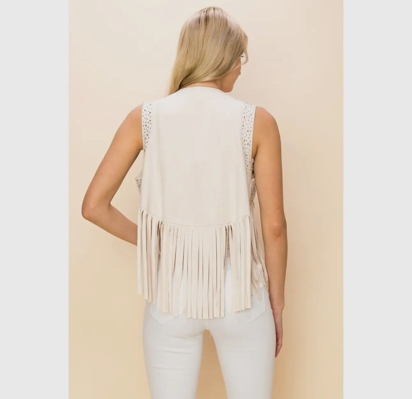 Cropped Cream Western Studded Fringe Vest