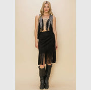 Cropped Black Western Studded Fringe Vest