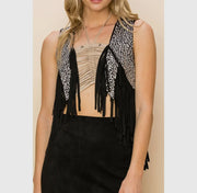 Cropped Black Western Studded Fringe Vest