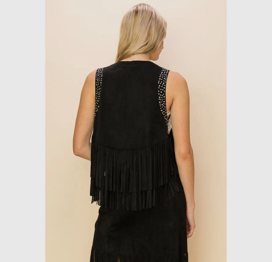 Cropped Black Western Studded Fringe Vest