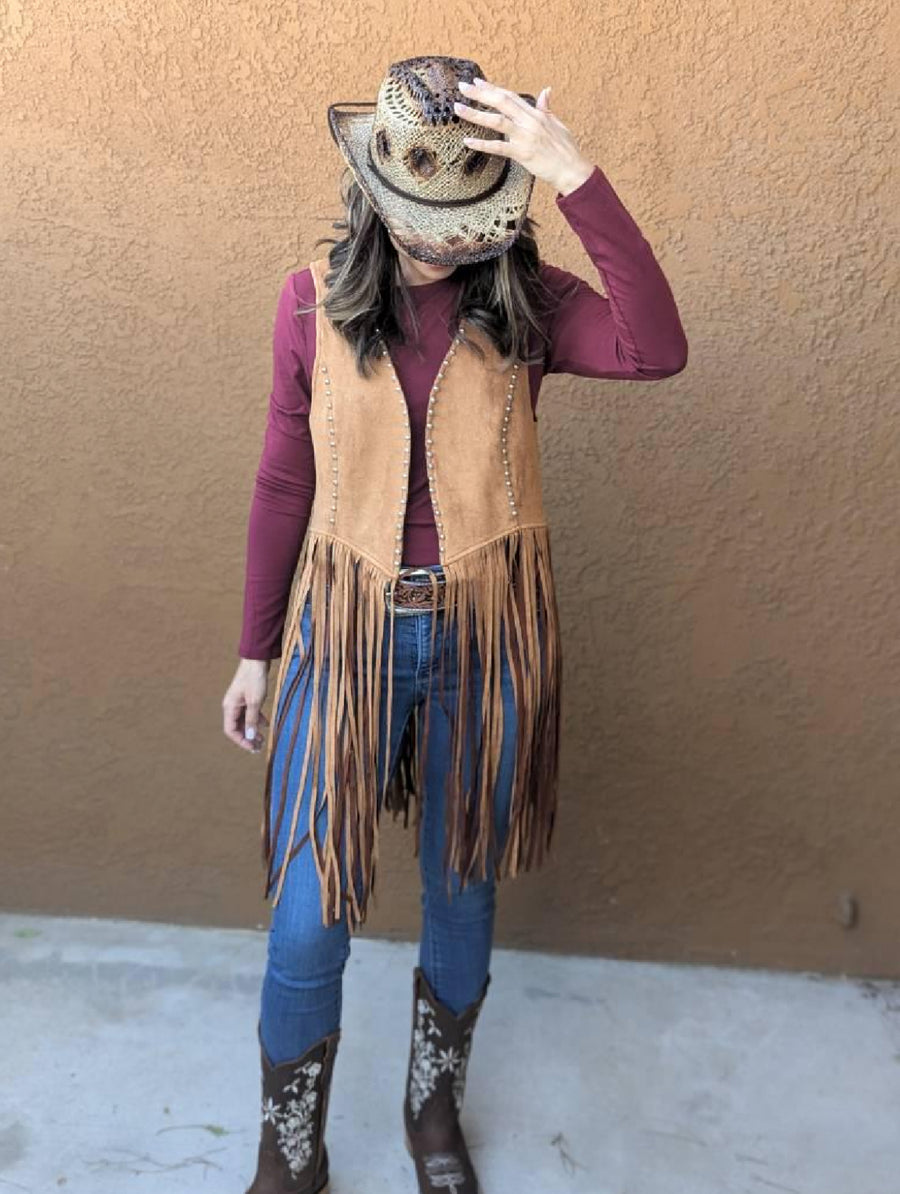 Stud Brown Western Fringe Vest