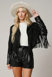 Black Glam Sequence Fringe Jacket