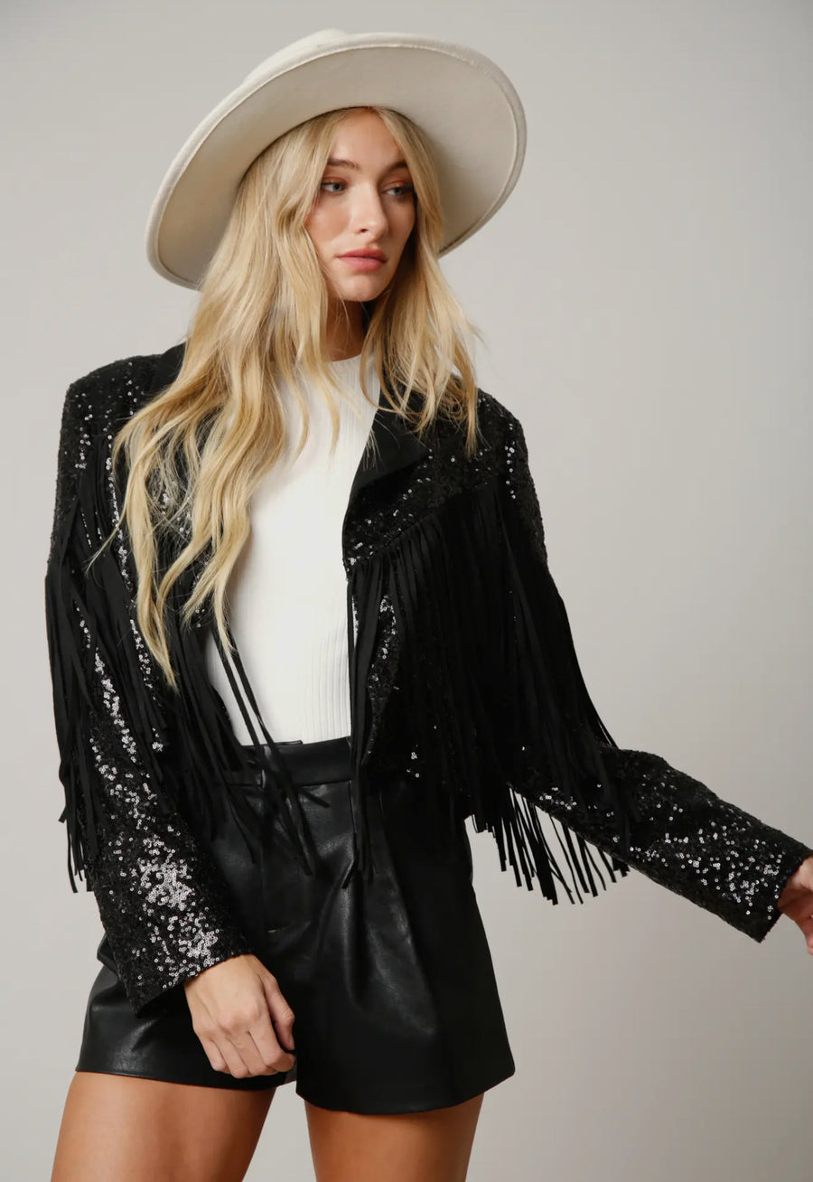 Black Glam Sequence Fringe Jacket