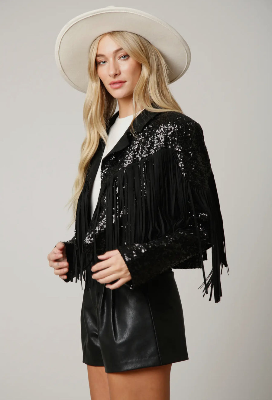 Black Glam Sequence Fringe Jacket