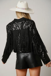 Black Glam Sequence Fringe Jacket