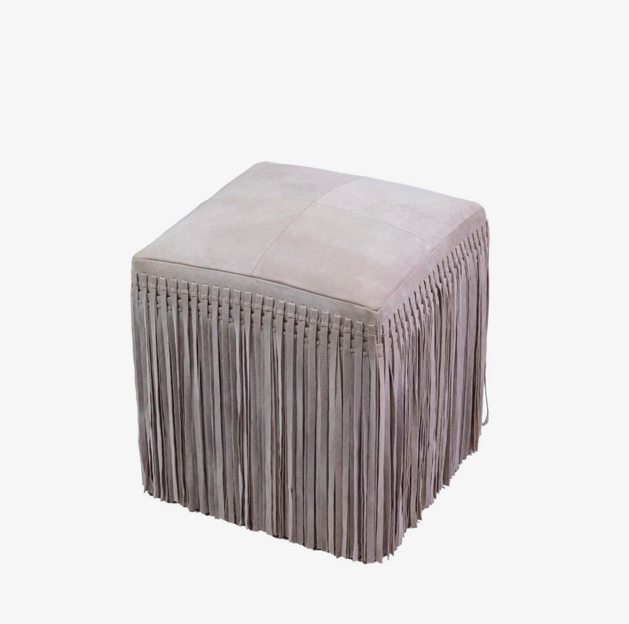 Real Suede Leather Square Fringe Ottoman Pouf