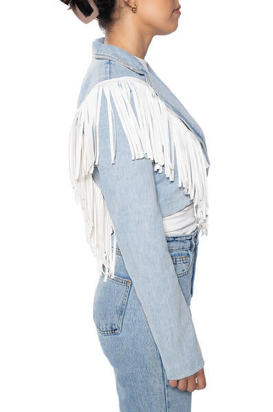 Baddie Denim Fringe Moto Jacket